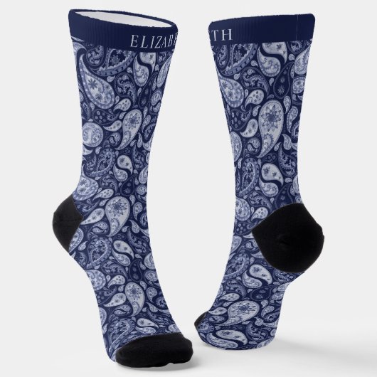 Dunkle Navy Blue Light Gray Paisley Pattern Socken (Gewinkelt)
