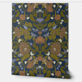 Dunkle Navy Blue Woodland Block Print Damask Tapete