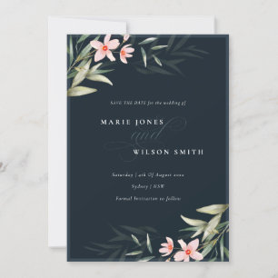 Dunkle Navy Blush Greenery Save the Date Card Dankeskarte