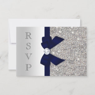 Dunkle Navy-Faux-Schleife Silberne Pailletten Diam RSVP Karte