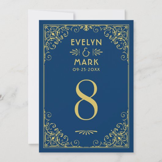 Dunkle Navy Gold Art Deco Hochzeit Tischnummer (Vorderseite)