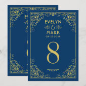 Dunkle Navy Gold Art Deco Hochzeit Tischnummer (Vorne/Hinten)