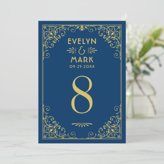 Dunkle Navy Gold Art Deco Hochzeit Tischnummer (Stehend Vorderseite)