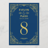 Dunkle Navy Gold Art Deco Hochzeit Tischnummer (Vorderseite)