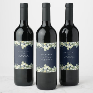 Dunkle Navy-Schneebeere+Eukalyptus Winterhochzeit Weinetikett