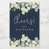 Dunkle Navy Snowberry+Eucalyptus Bachelorette Mini Weinetikett (Einzelnes Label)