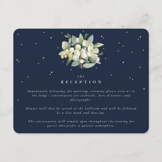 Dunkle Navy Snowberry+Eucalyptus Bouquet Empfang Begleitkarte (Vorderseite)