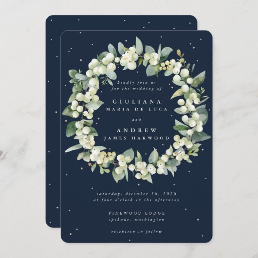 Dunkle Navy Snowberry+Eucalyptus Wreath Wedding Einladung (Vorne/Hinten)