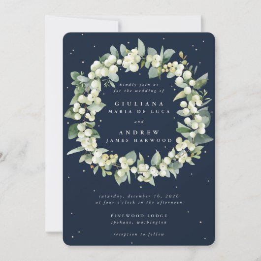 Dunkle Navy Snowberry+Eucalyptus Wreath Wedding Einladung (Vorderseite)