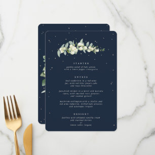 Dunkle Navy Snowberry+Eukalyptus 3 Kurs Hochzeit Menükarte