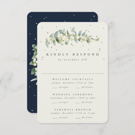 Dunkle Navy Snowberry+Eukalyptus Wedding Multi-Eve RSVP Karte (Vorne/Hinten)