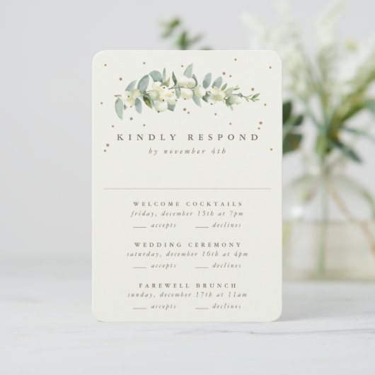 Dunkle Navy Snowberry+Eukalyptus Wedding Multi-Eve RSVP Karte (Stehend Vorderseite)