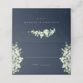 Dunkle Navy Snowberry+Eukalyptus Wedding Platzkarte (Außenseite Aufgefaltet)