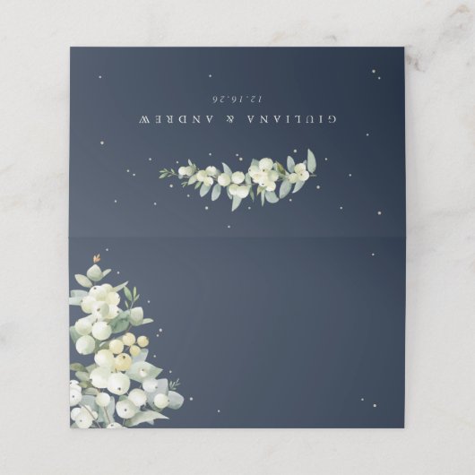 Dunkle Navy Snowberry+Eukalyptus Wedding Platzkarte (Außenseite Aufgefaltet)
