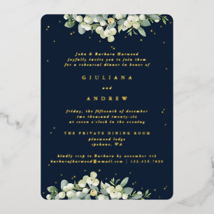 Dunkle Navy Snowberry+Eukalyptus Wedding Probe Folieneinladung