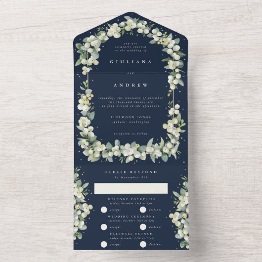 Dunkle Navy Snowberry+Eukalyptus Winter Wedding All In One Einladung (Innen)