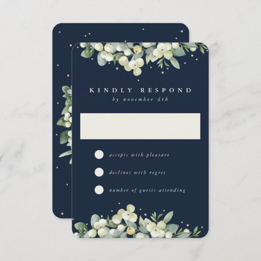 Dunkle Navy Snowberry+Eukalyptus Winter Wedding RSVP Karte (Vorne/Hinten)