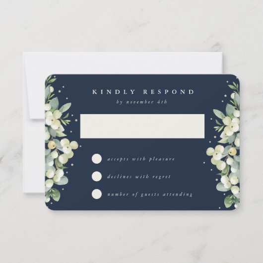 Dunkle Navy Snowberry+Eukalyptus Winter Wedding RSVP Karte (Vorderseite)