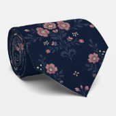 Dunkle Navy- & Staubrosa Vintage-Blumen Nahtlos Krawatte (Gerollt)