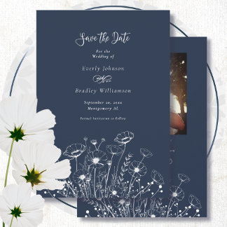 Dunkle Navy Weiße Wildblume Save the Date Hochzeit Einladung