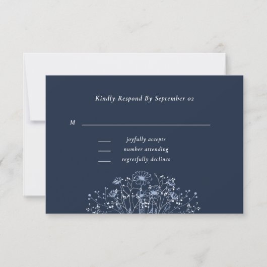 Dunkle Navy White Blue Wildblume Wedding RSVP (Vorderseite)