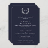 Dunkle Navy+White Monogram Laurel Wreath Abschluss Einladung (Vorne/Hinten)