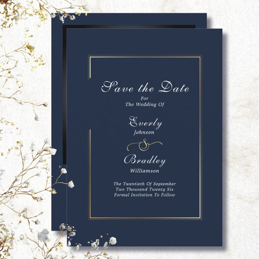 Dunkle Navy White Script Gold Border Save the Date Einladung