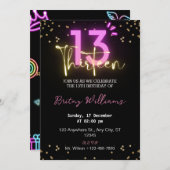 Dunkle Neon Licht 13. Geburtstag Einladung (Vorne/Hinten)