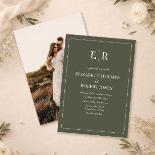 Dunkle Olive Minimalistische Monogram & Foto Hochz Einladung