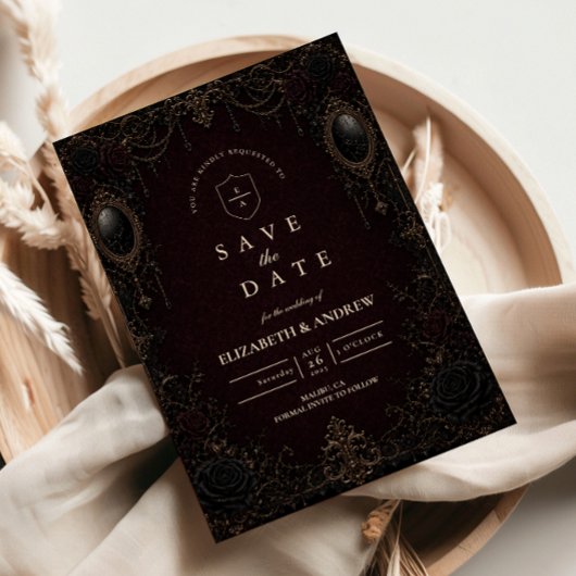 Dunkle, ornamentale viktorianische Gothic-Hochzeit Save The Date