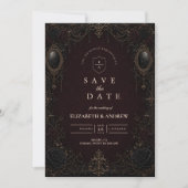 Dunkle, ornamentale viktorianische Gothic-Hochzeit Save The Date (Vorderseite)