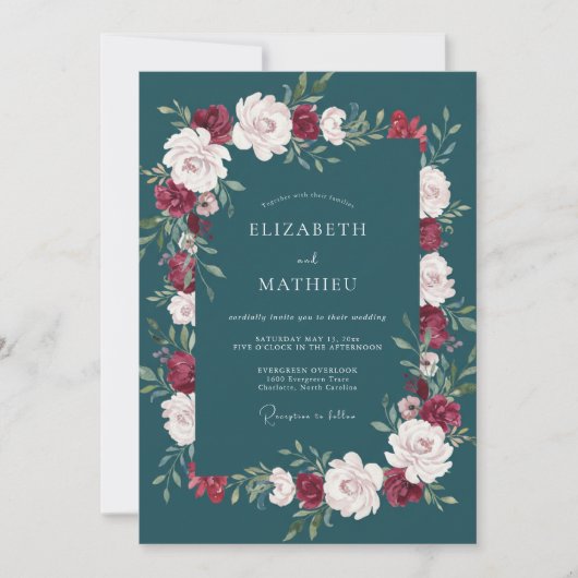 Dunkle Petrol-Ranunculus-Eukalyptus-Hochzeit Einladung (Vorderseite)