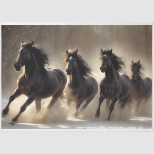 Dunkle Pferdeherde Galopp im Schnee Decoupage Seidenpapier (Vorderseite)