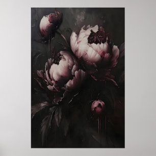 Dunkle Pfingstrosen-Kunstwerk Moody Florales Still Poster