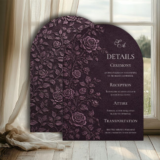 Dunkle Pflaumen-Faux-Prägung-Rosen-Hochzeitsdetail Einladung