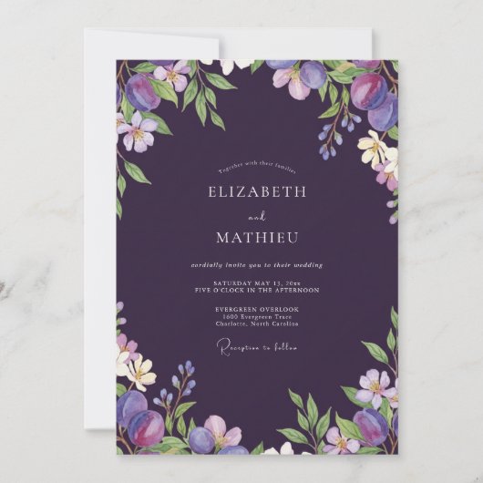 Dunkle Pflaumenfrucht-Eukalyptus-Hochzeit Einladung (Vorderseite)