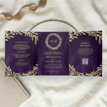 Dunkle Purpur-Goldblatt-Zweig QR-Code-Hochzeit