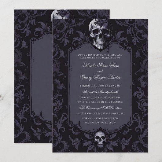 Dunkle Purpur-Gotische-Boho-Floral-Totenkopf-Hochz Einladung (Vorne/Hinten)