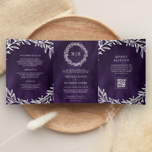 Dunkle Purpur Silber Blatt Zweig QR Code Hochzeit Dreifach Gefaltete Einladung