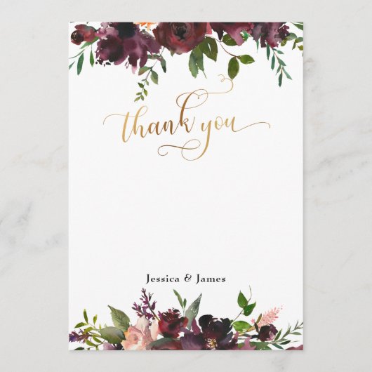 Dunkle Red Burgundy Floral Gold Flat Danke Karte (Vorderseite)