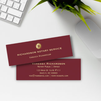 Dunkle Red & Gold Monogram Notary Business Promo Mini Visitenkarte