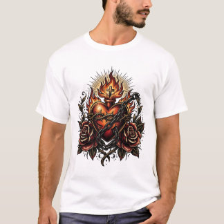 Dunkle religiöse Herz-Tattoo-Kunst mit Ketten und  T-Shirt