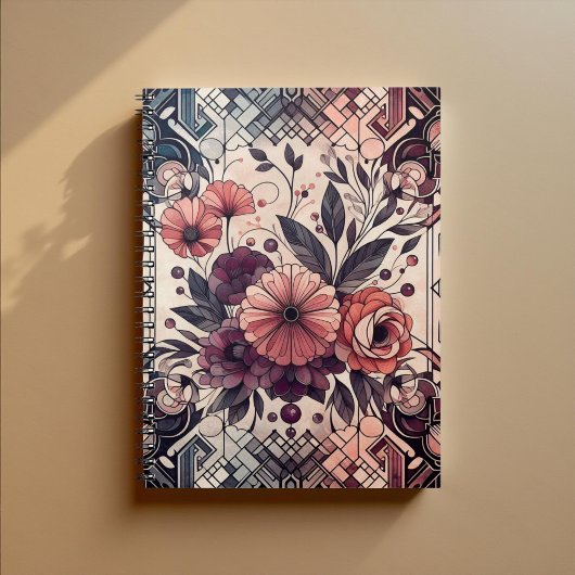 Dunkle Romance Burgund Art Deco Blumen Sommer Notizblock