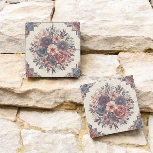 Dunkle Romance Burgund Art Deco Blumen Sommer Steinuntersetzer