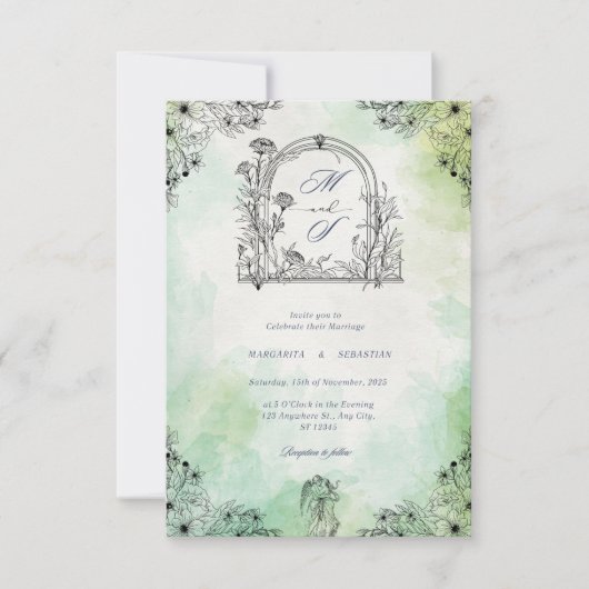 dunkle Romantik Vintage Save-the-Date grün Einladung (Vorderseite)