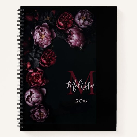 Dunkle romantische 3D-Blumen schwarzes Monogramm Notizblock (Vorderseite)