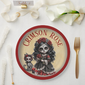 Dunkle Romanze_ Scharlachrote Rose Pappteller