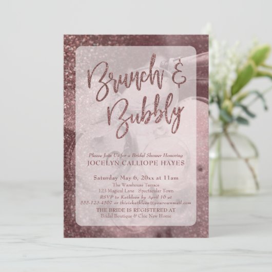 Dunkle Rose Gold Glitzer Champagner Brunch & Bubbl Einladung (Stehend Vorderseite)