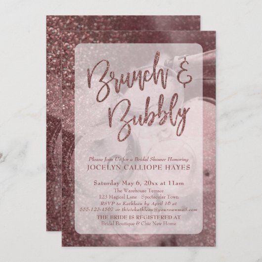Dunkle Rose Gold Glitzer Champagner Brunch & Bubbl Einladung (Vorne/Hinten)