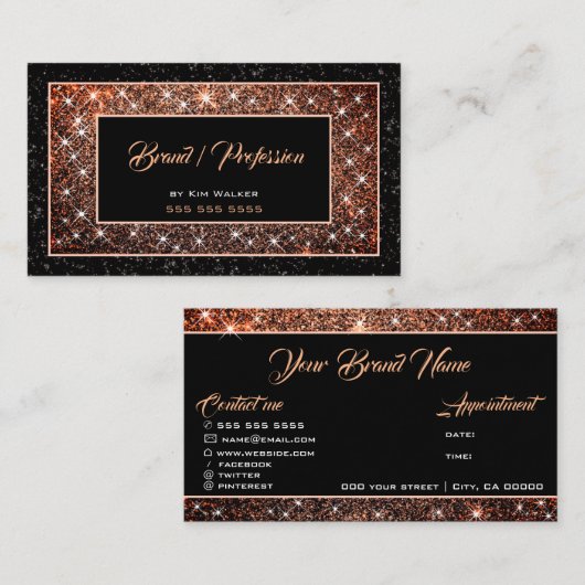 Dunkle Rose Gold Glitzer Social Media Black Glam Visitenkarte (Vorne/Hinten)